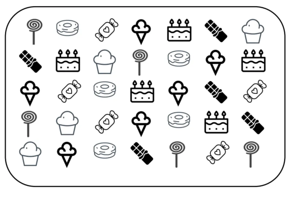 Black-and-white matching and memory board: 35 sweets pictures, including donuts, candies and ice cream