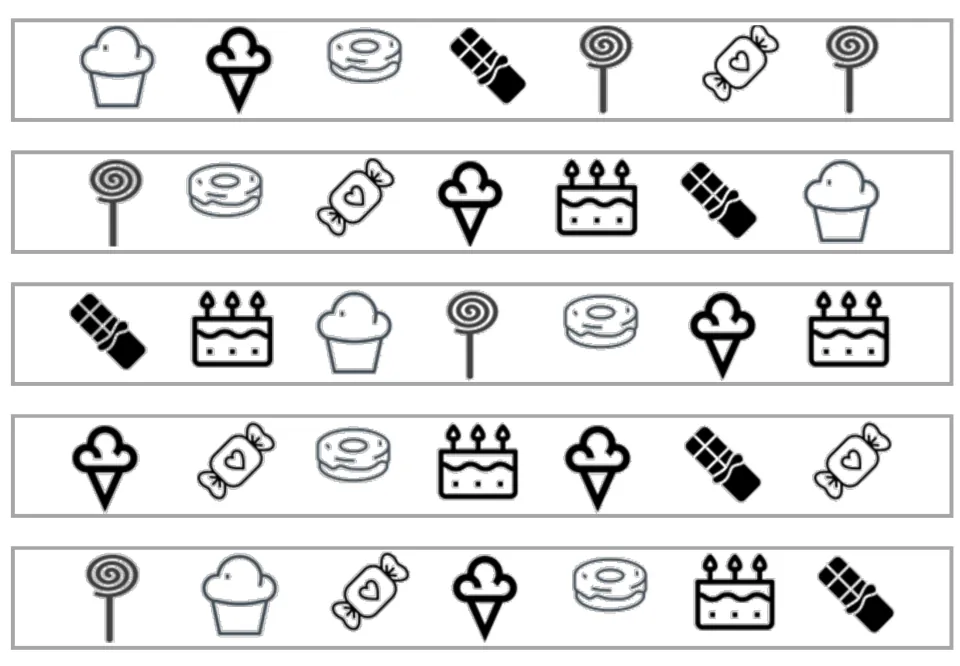 Five black-and-white matching and memory strips, each with seven sweets, including cupcakes and lollipops