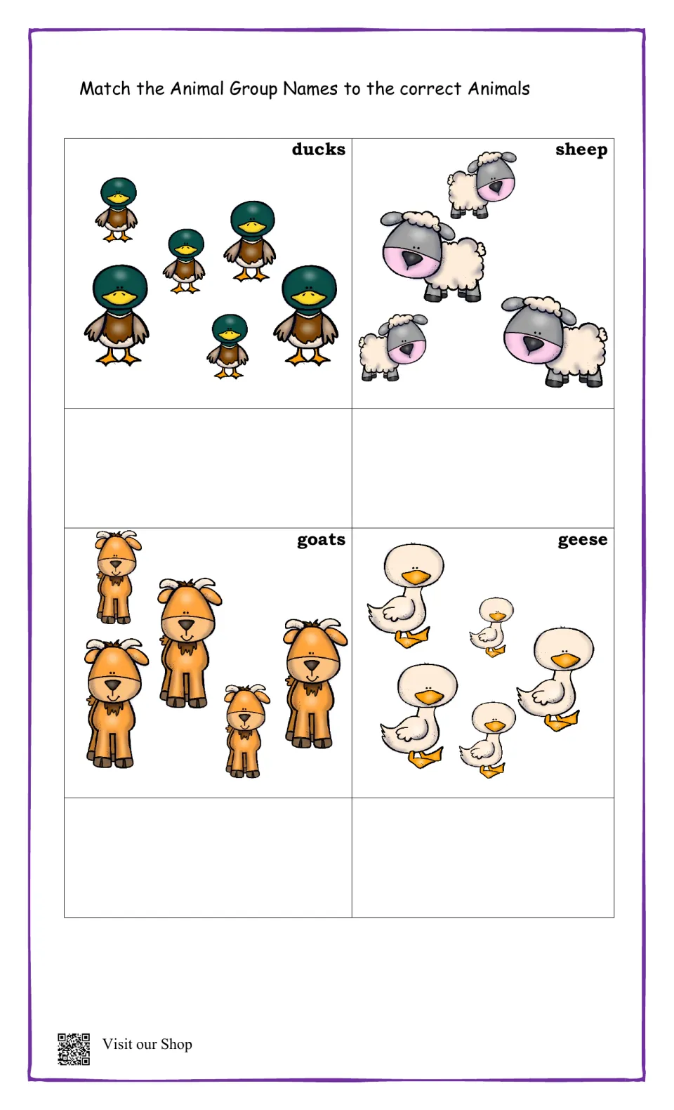 Animal group names matching: students match a group-name card to pictures of ducks, sheep, goats and geese