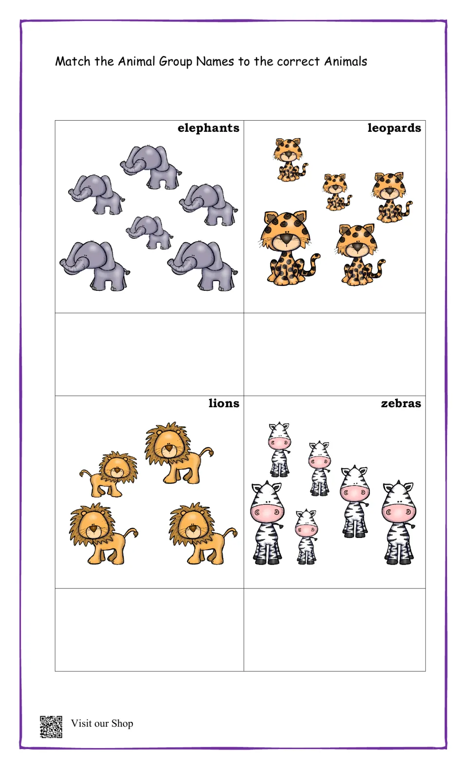 Wild animal group names: students match a group-name card to pictures of elephants, leopards, lions and zebras