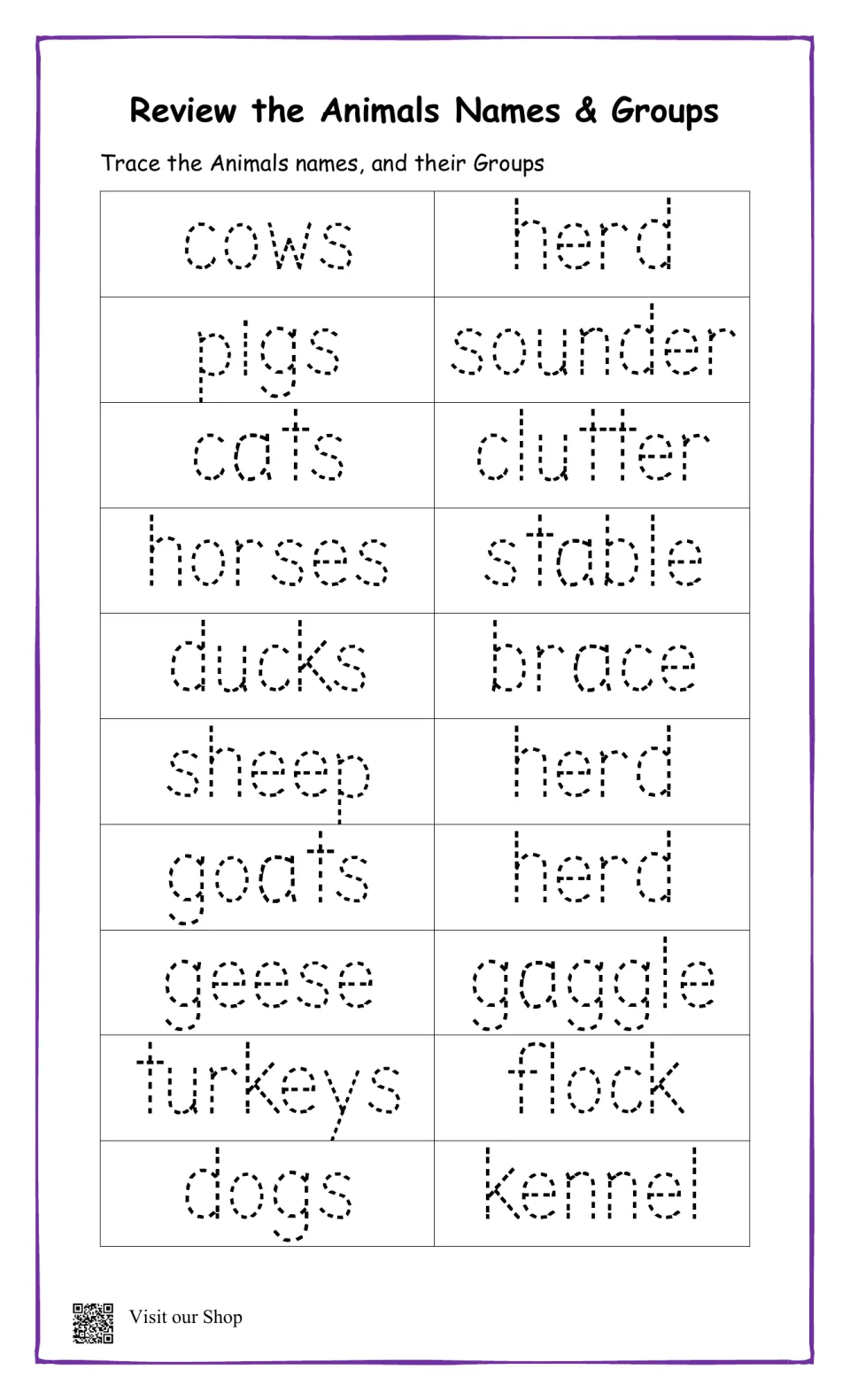 Review of animal names and groups: students trace dotted words such as cows herd, pigs sounder, geese gaggle, dogs kennel