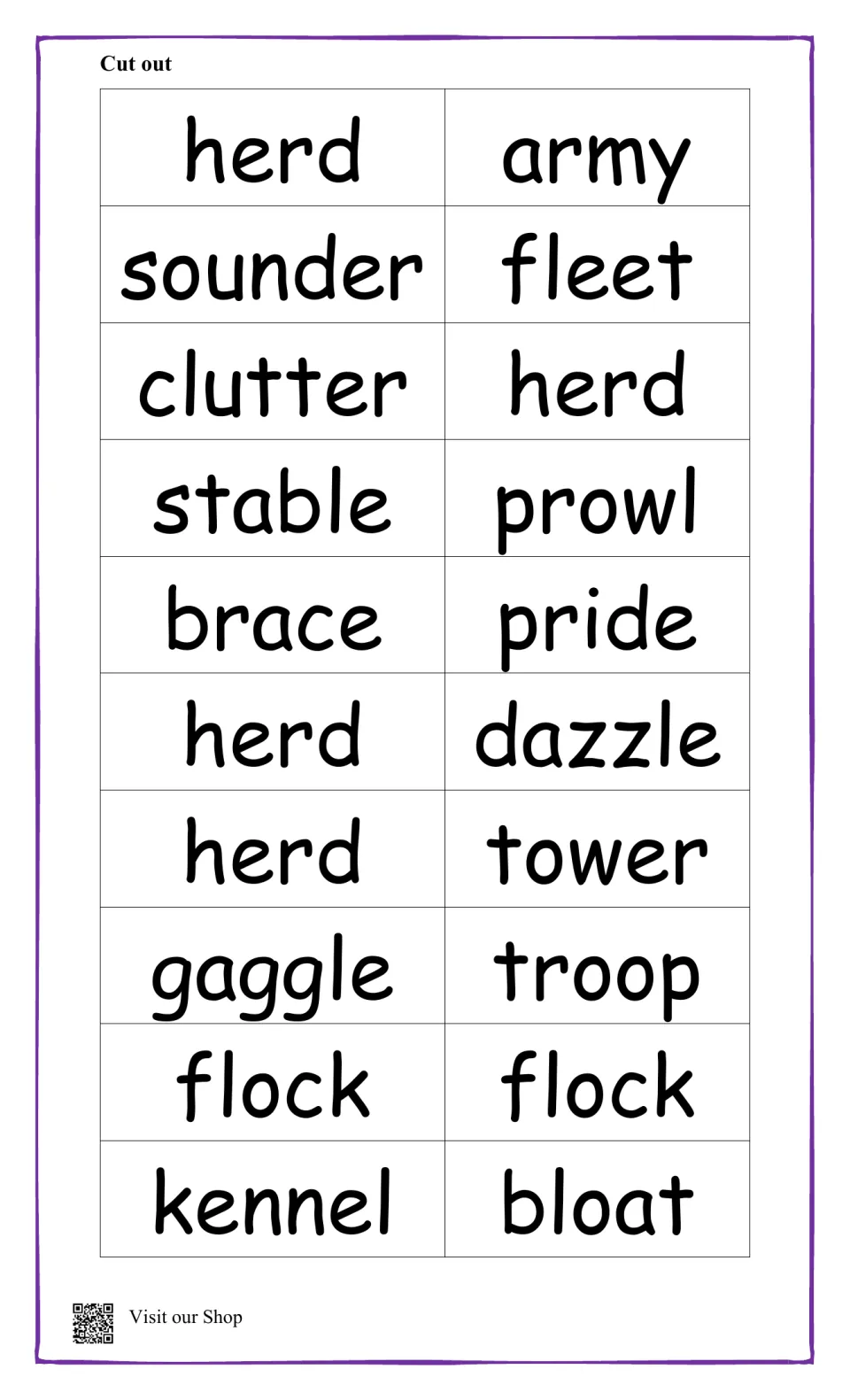 Cut-out group-name cards: students cut apart 20 word cards such as herd, gaggle, pride, dazzle and bloat for matching