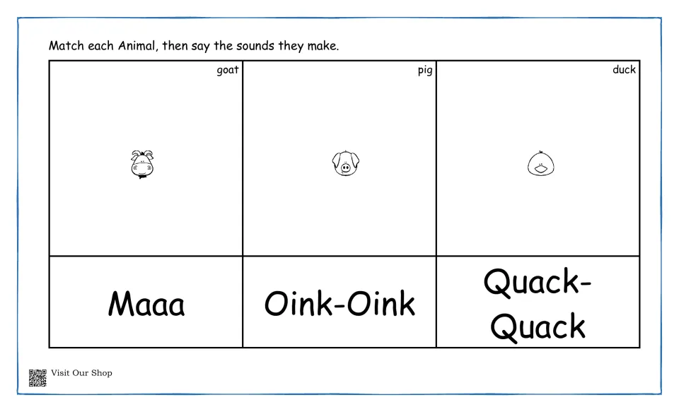 Animal sounds matching mat: children place goat, pig and duck pictures, then say Maaa, Oink-Oink and Quack-Quack