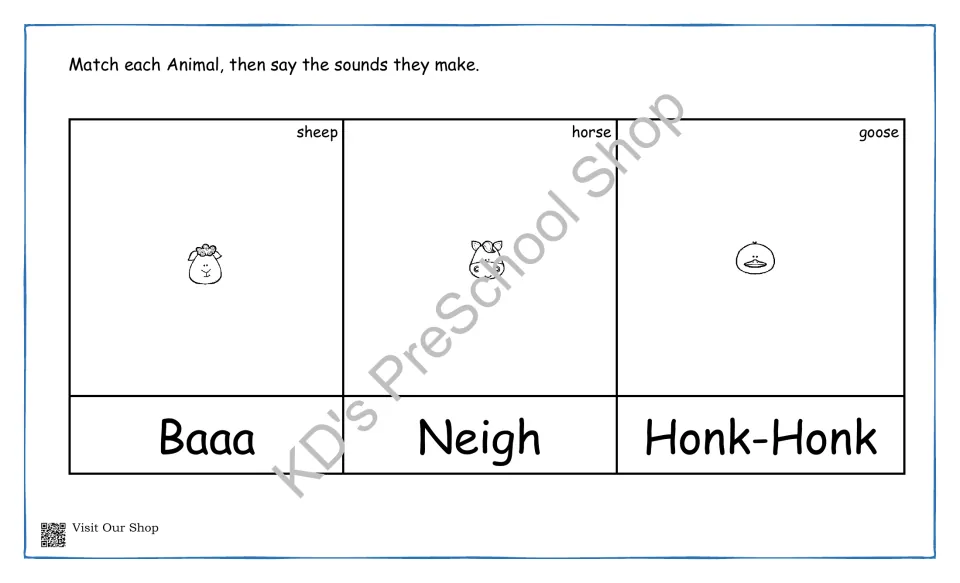 Animal sounds matching mat for sheep, horse and goose: children match each picture, then say Baaa, Neigh and Honk-Honk