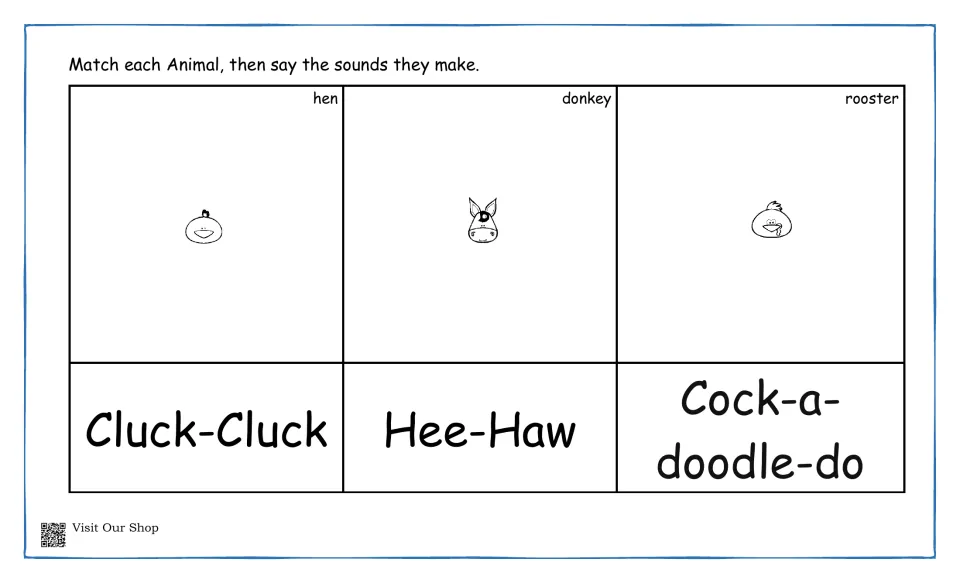 Barnyard sounds mat for hen, donkey and rooster: children match faces, then say Cluck-Cluck, Hee-Haw, Cock-a-doodle-do