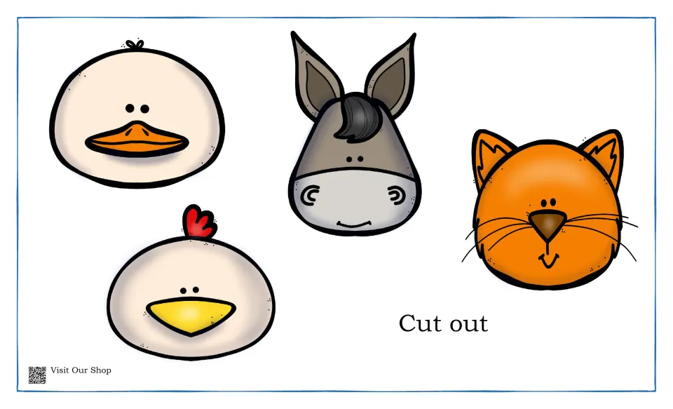 Cut-out animal face cards in color: goose, donkey, cat and hen, for placing on the matching animal sound mats