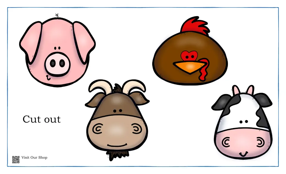 Cut-out animal face cards in color: pig, rooster, goat and cow, to match with their labeled spots on the sound mats