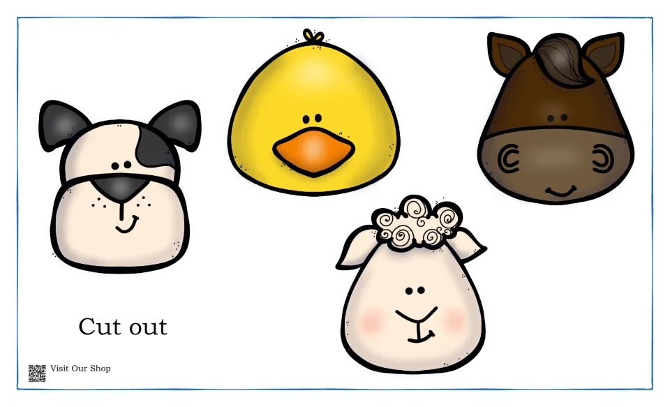 Cut-out animal face cards in color: dog, duck, horse and sheep, completing the set of pieces for the sound mats