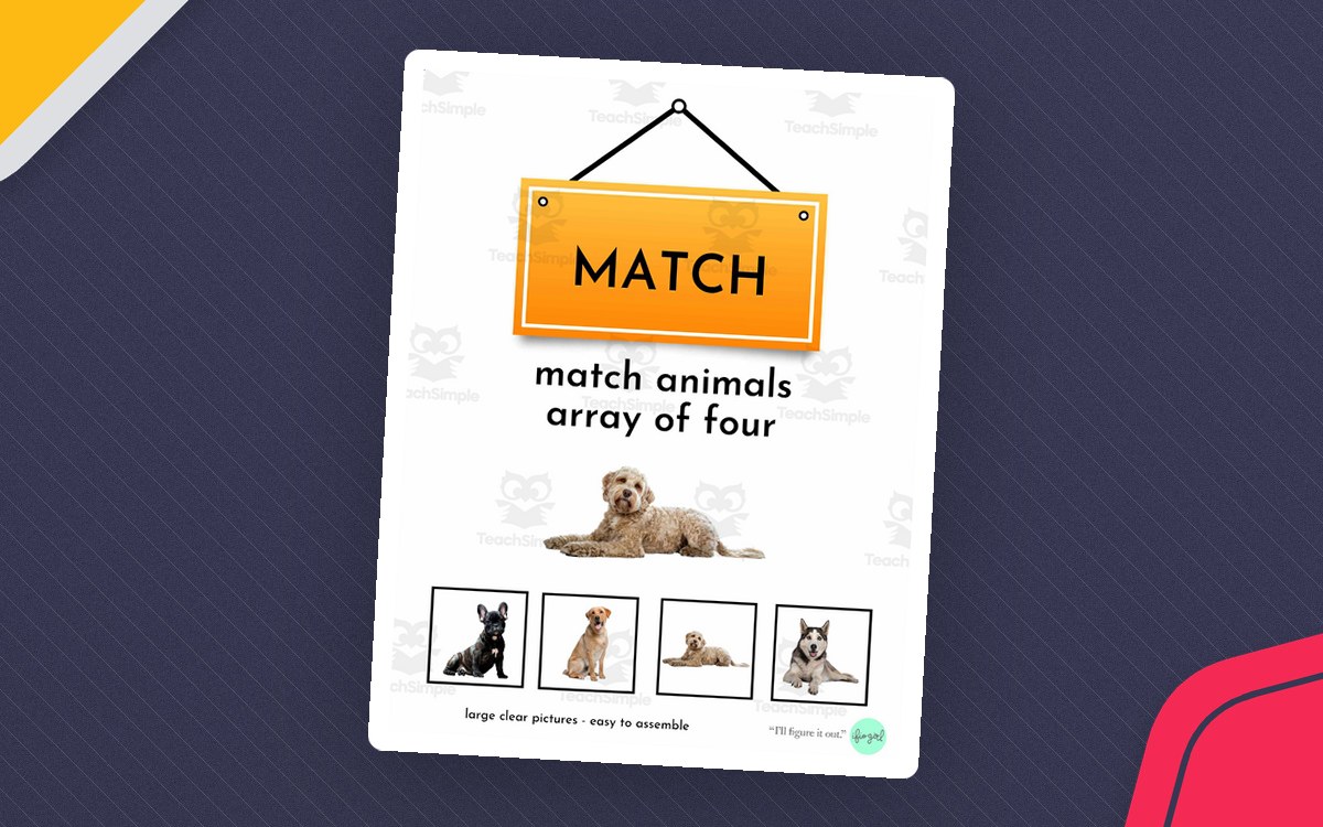 Matching worksheet with a MATCH sign, four animal pictures, and directions to assemble arrays of four.