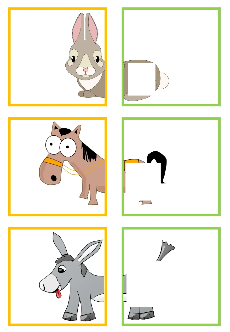 Animal-half matching cards for a rabbit, horse, and donkey, paired with partially hidden rear halves
