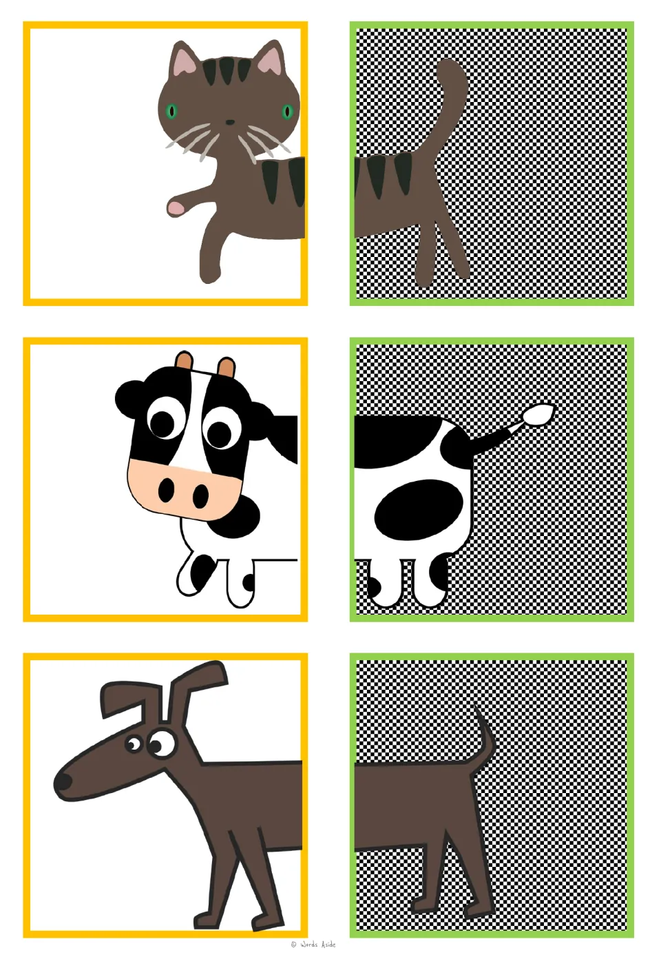 Animal-halves matching cards for a cat, cow, and dog, with six half pictures for visual figure-ground practice