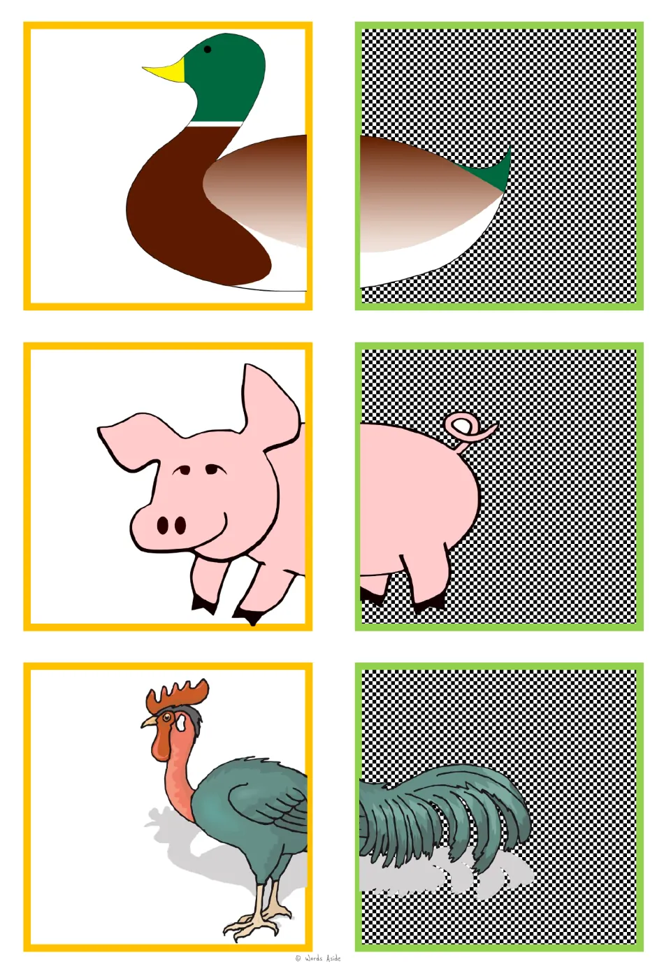 Animal-halves matching cards for a duck, pig, and rooster, with six half pictures to match into three animals