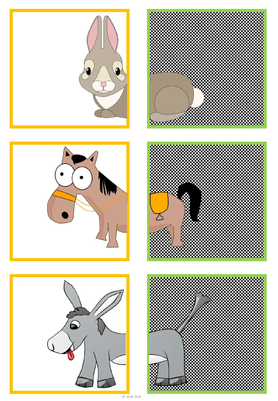 Animal-halves matching cards for a rabbit, horse, and donkey, with six half pictures to match into three animals