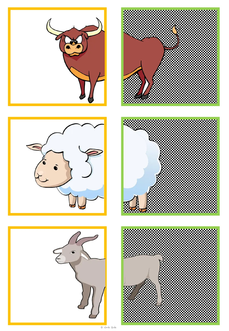 Animal-halves matching cards for a bull, sheep, and goat, with six half pictures to match into three animals