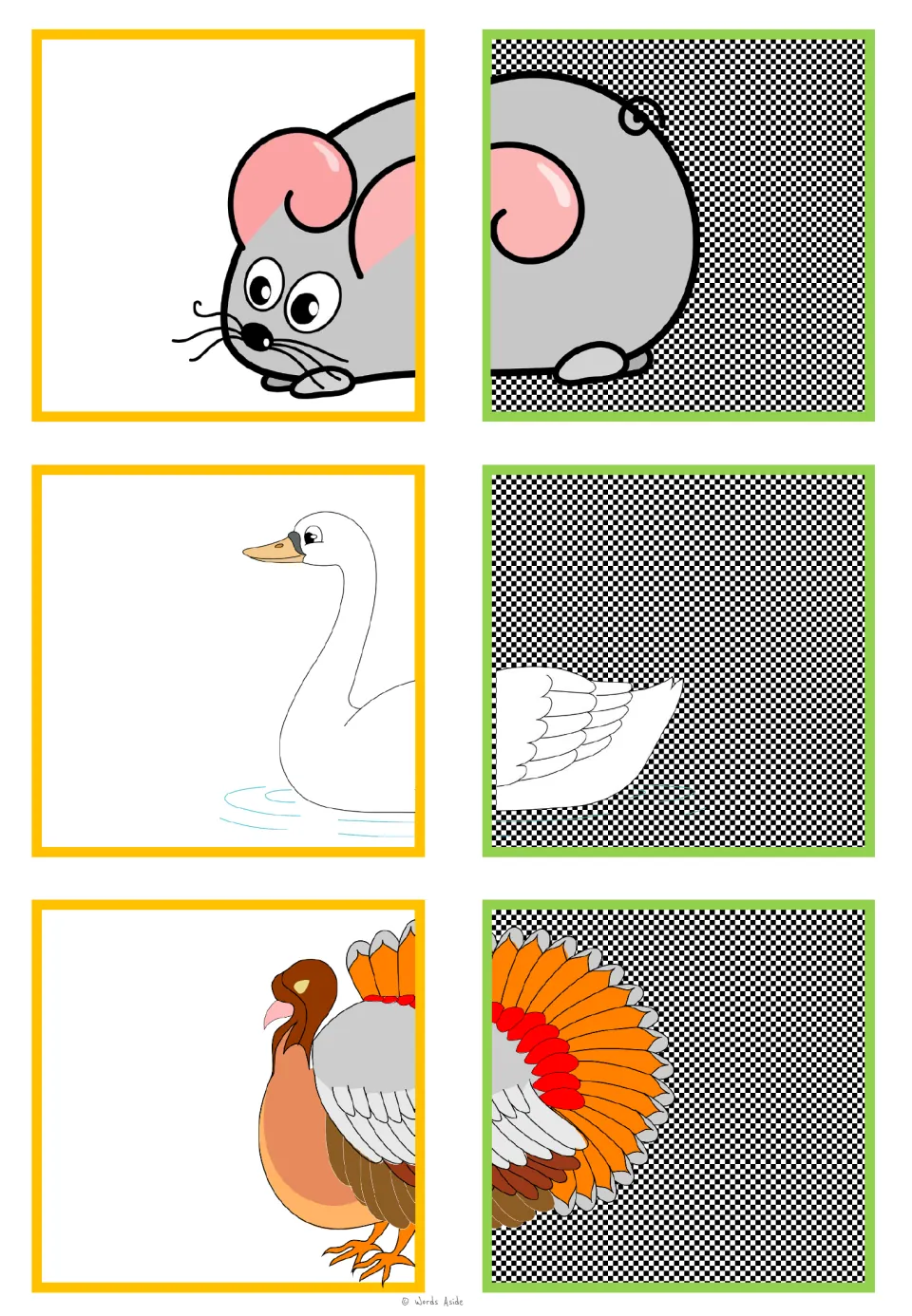Animal-halves matching cards for a mouse, swan, and turkey, with six half pictures to match into three animals