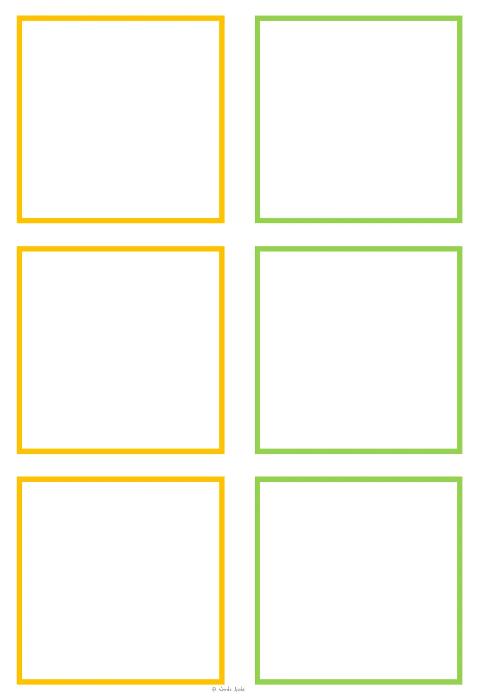 Six blank cards in the animal-halves matching resource, with no animal pictures or vocabulary labels