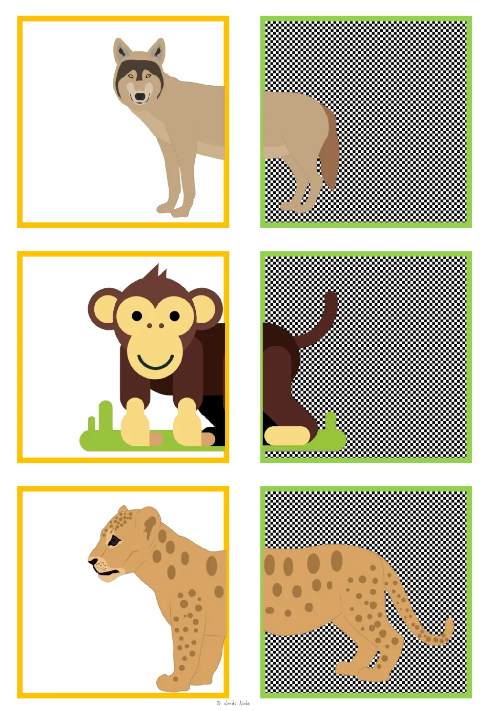 Animal-halves matching cards for a wolf, monkey, and spotted big cat, with six half pictures to pair