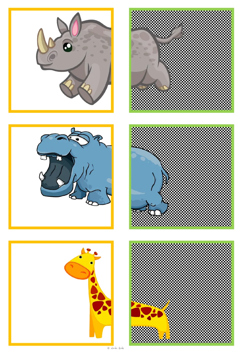 Animal-halves matching cards for a rhinoceros, hippopotamus, and giraffe, with six half pictures to pair