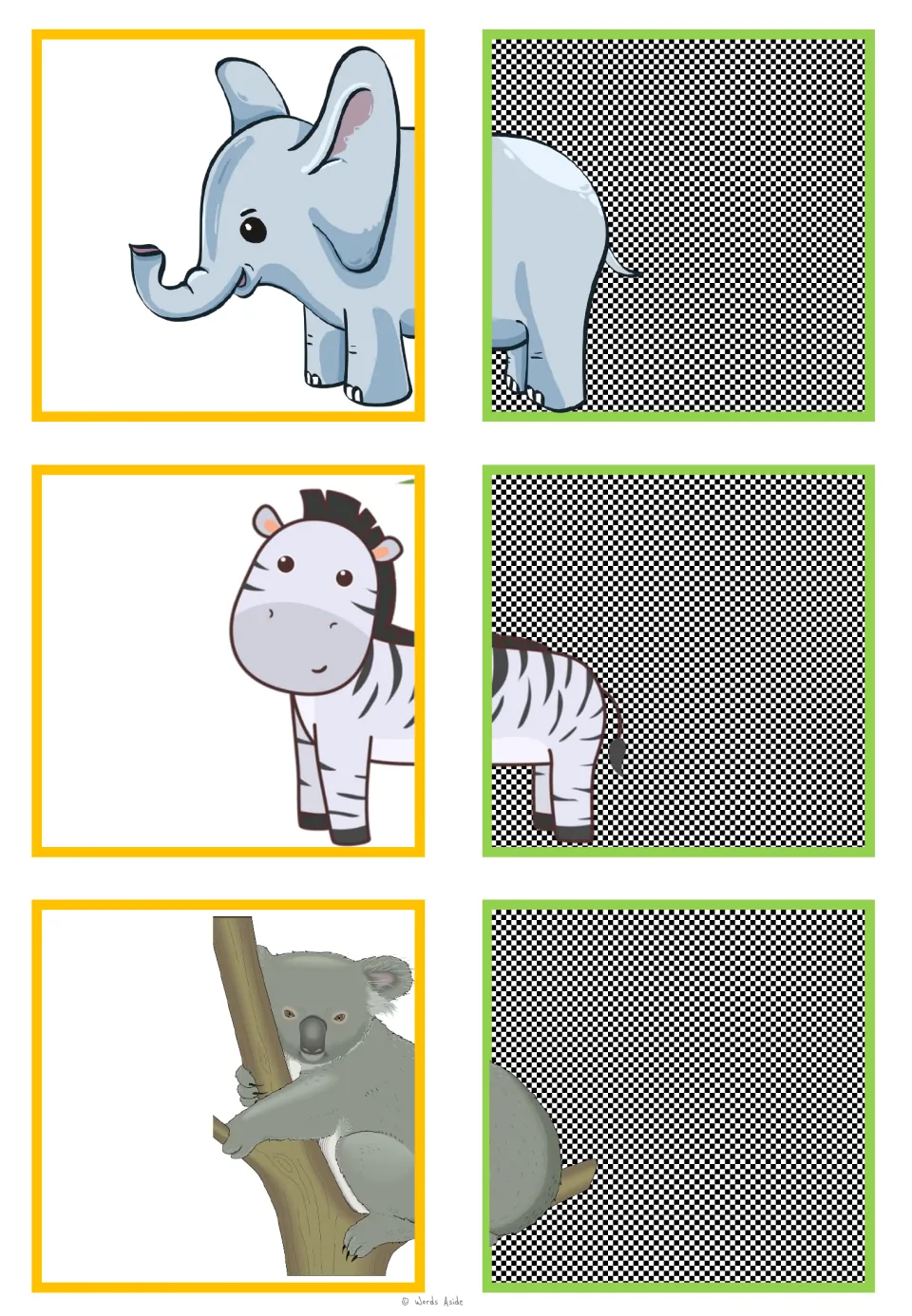 Animal-halves matching cards for an elephant, zebra, and koala, with six half pictures to pair by animal