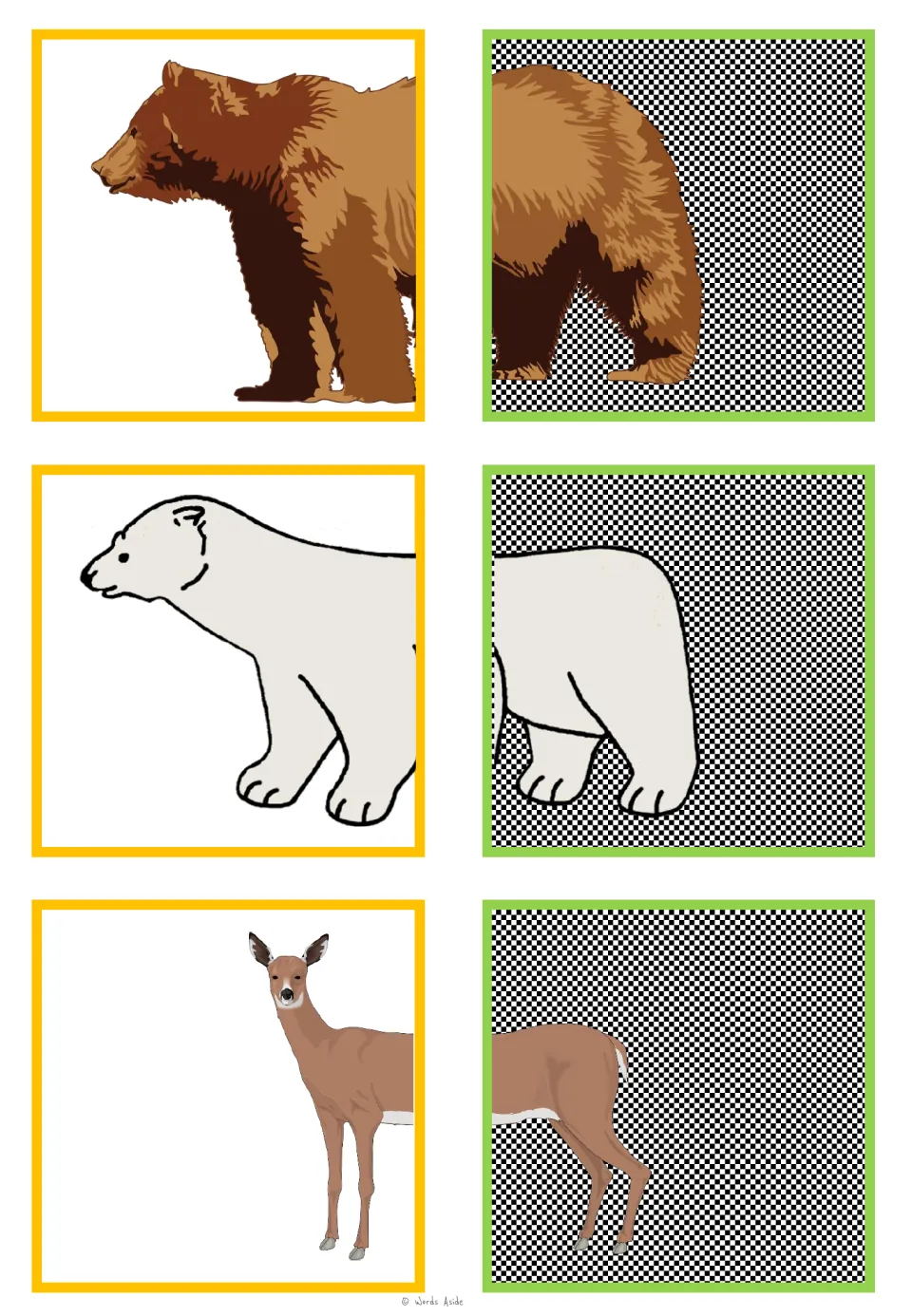 Animal-halves matching cards for a brown bear, polar bear, and deer, with six half pictures to pair