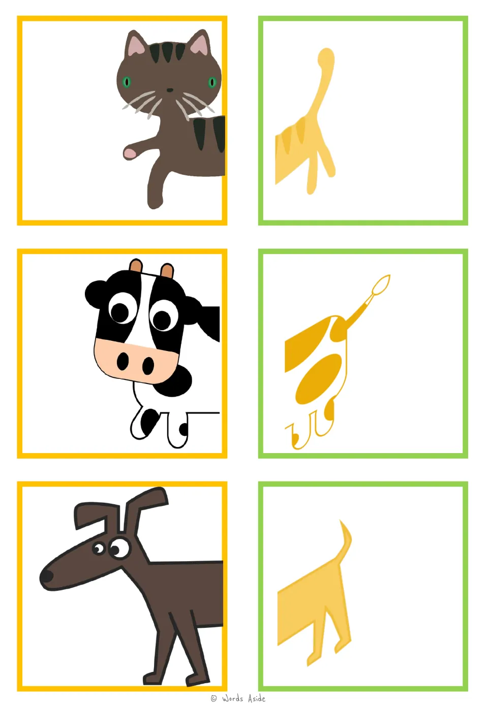 Animal-half matching cards for a cat, cow, and dog, with three front halves and three pale rear halves.