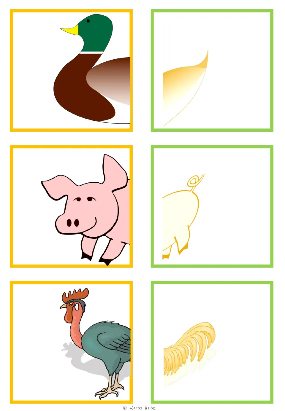 Animal-half matching cards for a duck, pig, and rooster, pairing colorful front halves with pale rear halves.