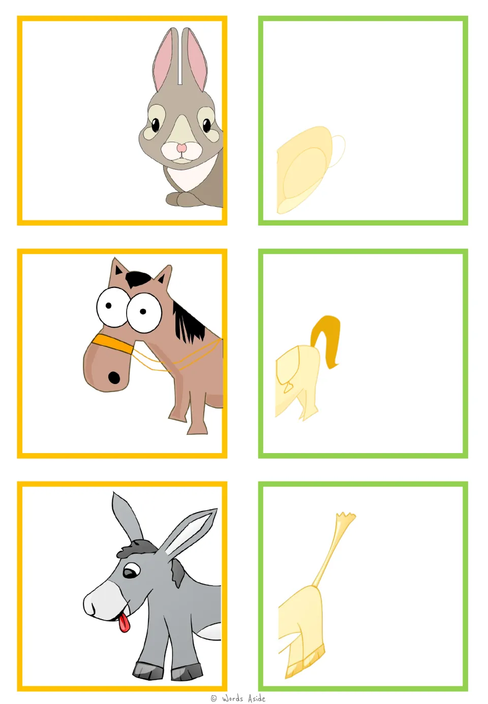Animal-half matching cards for a rabbit, horse, and donkey, with separate front and rear portions of each.