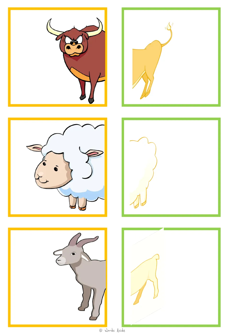 Animal-half matching cards for a bull, sheep, and goat, pairing colorful front halves with pale rear halves.