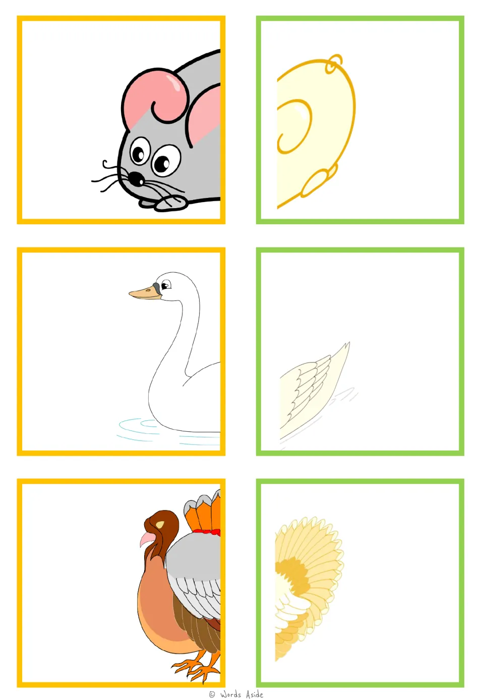 Animal-half matching cards for a mouse, swan, and turkey, with three front halves and three pale rear halves.