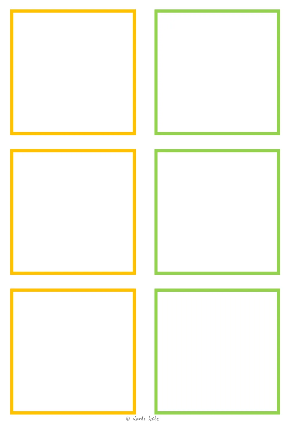 Blank six-card sheet within the animal-half matching resource, containing no animal pictures or labels.