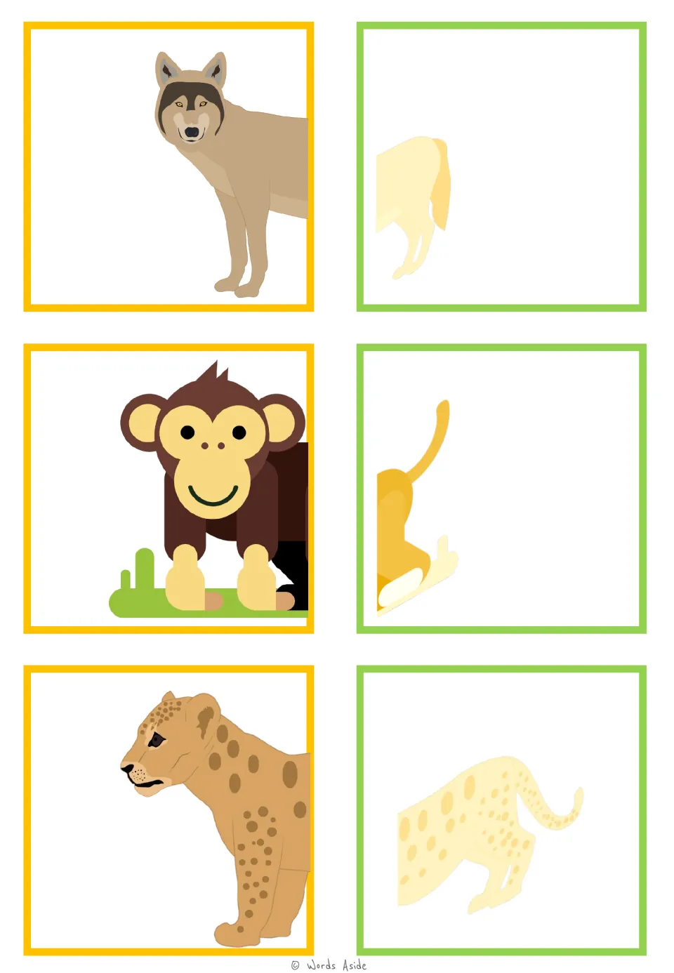 Animal-half matching cards for a wolf, monkey, and spotted big cat, with separate front and rear halves.