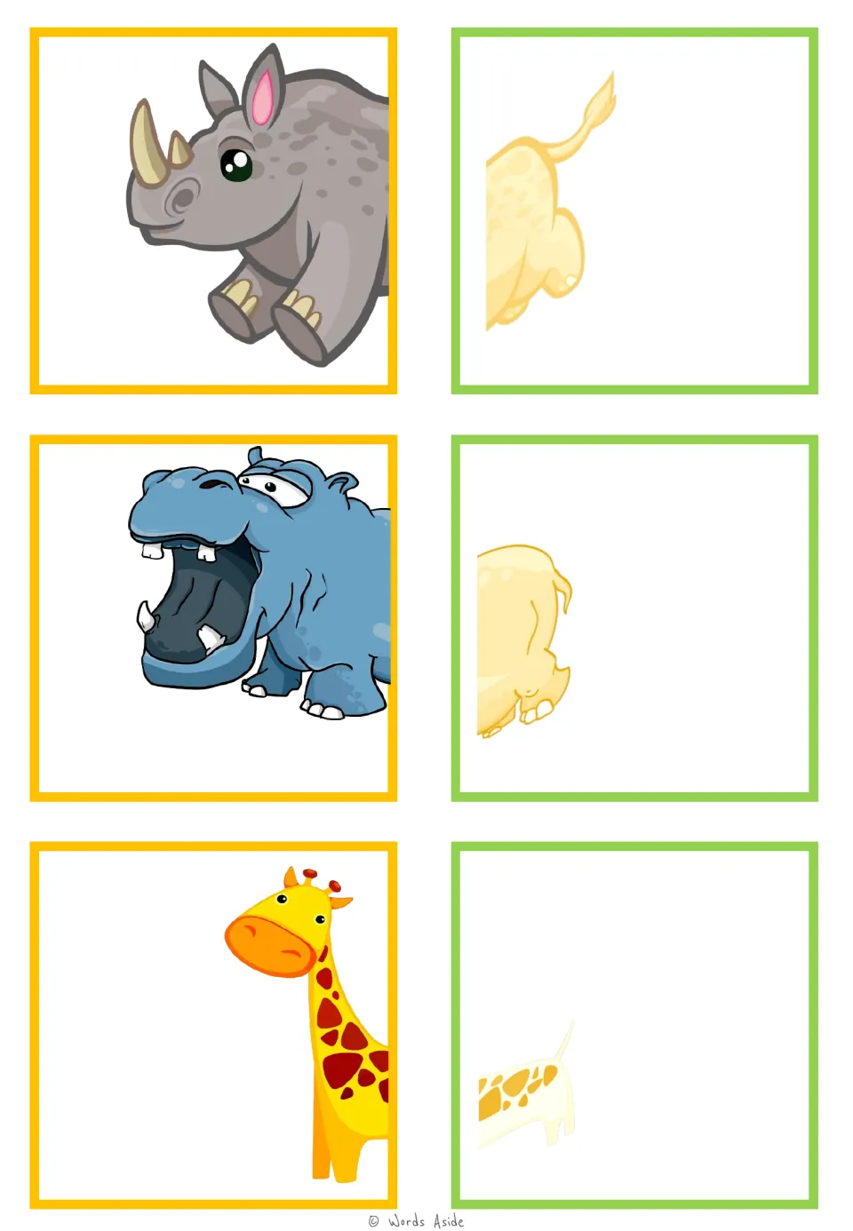 Animal-half matching cards for a rhinoceros, hippopotamus, and giraffe, each split into front and rear halves.