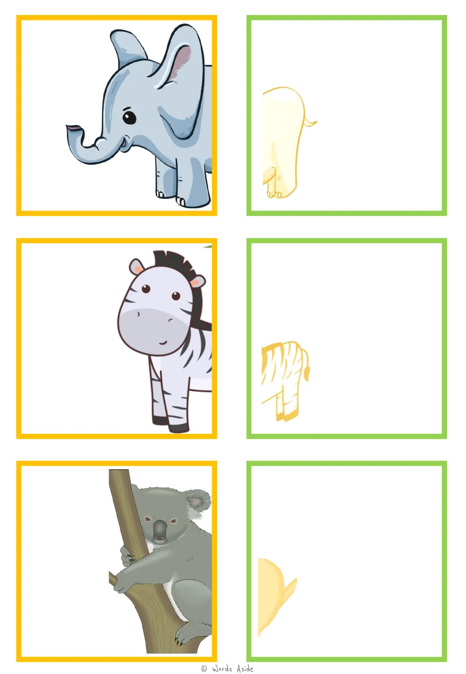 Animal-half matching cards for an elephant, zebra, and koala, with separate front and rear picture portions.