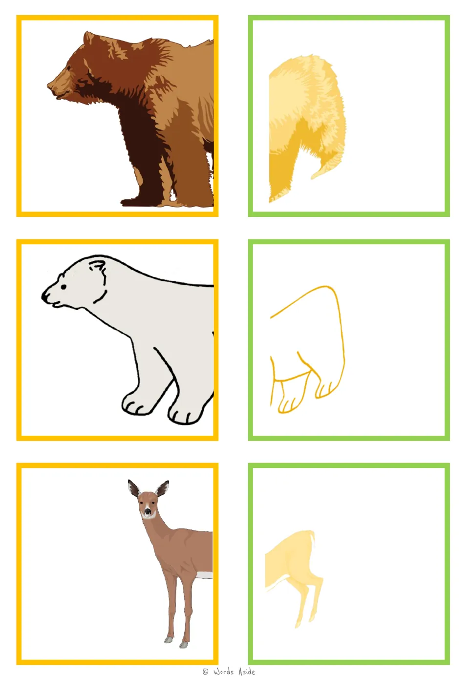 Animal-half matching cards for a brown bear, polar bear, and deer, each divided into front and rear halves.