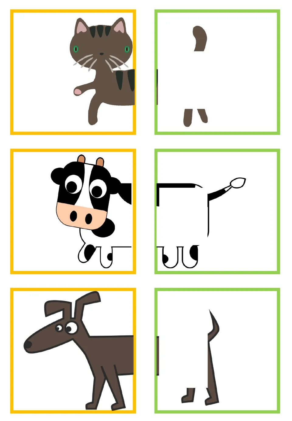 Animal-half matching cards for cat, cow, and dog, with parts hidden on three cards for visual closure.