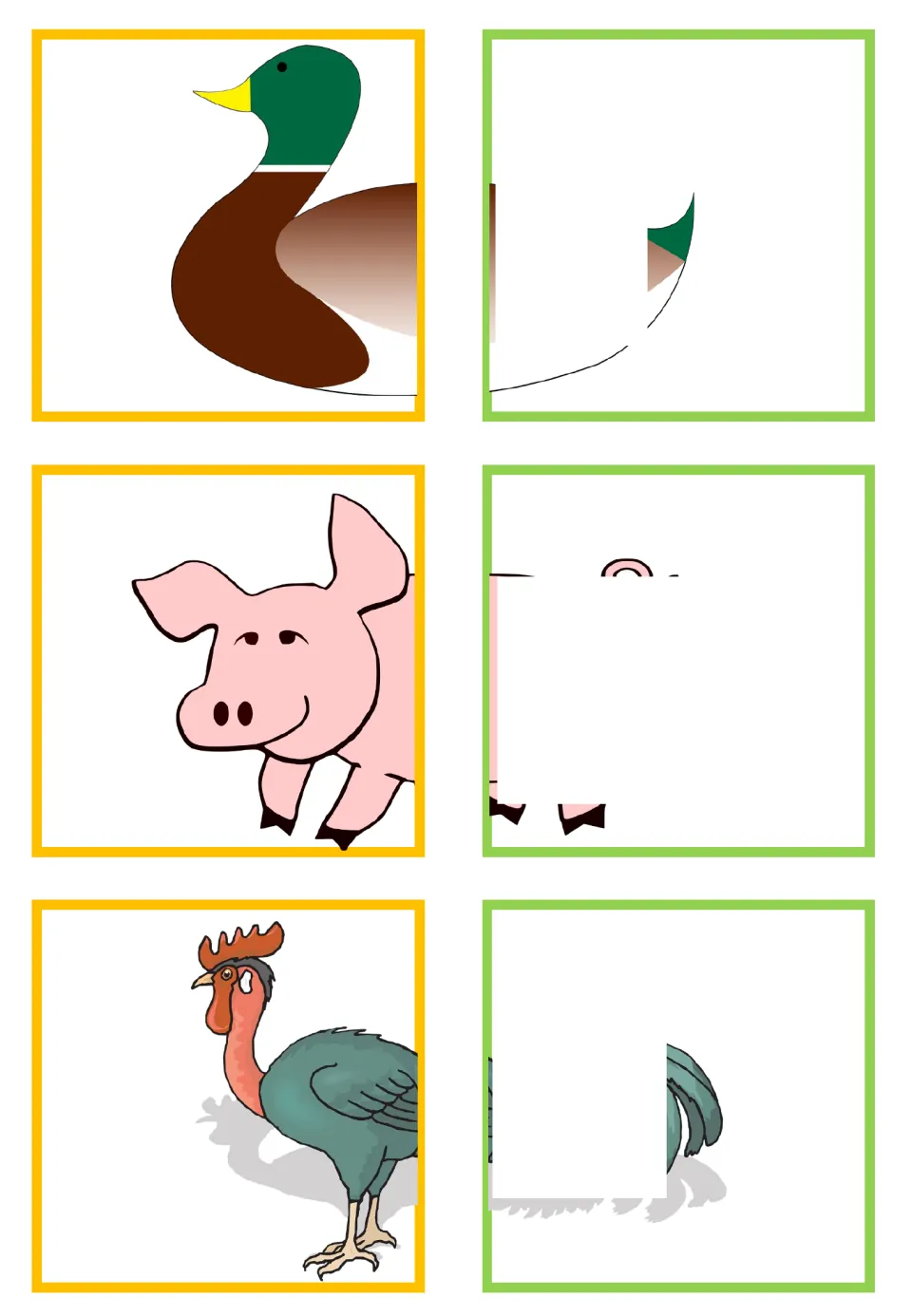 Animal-half matching cards for duck, pig, and rooster, with parts hidden on three cards for visual closure.