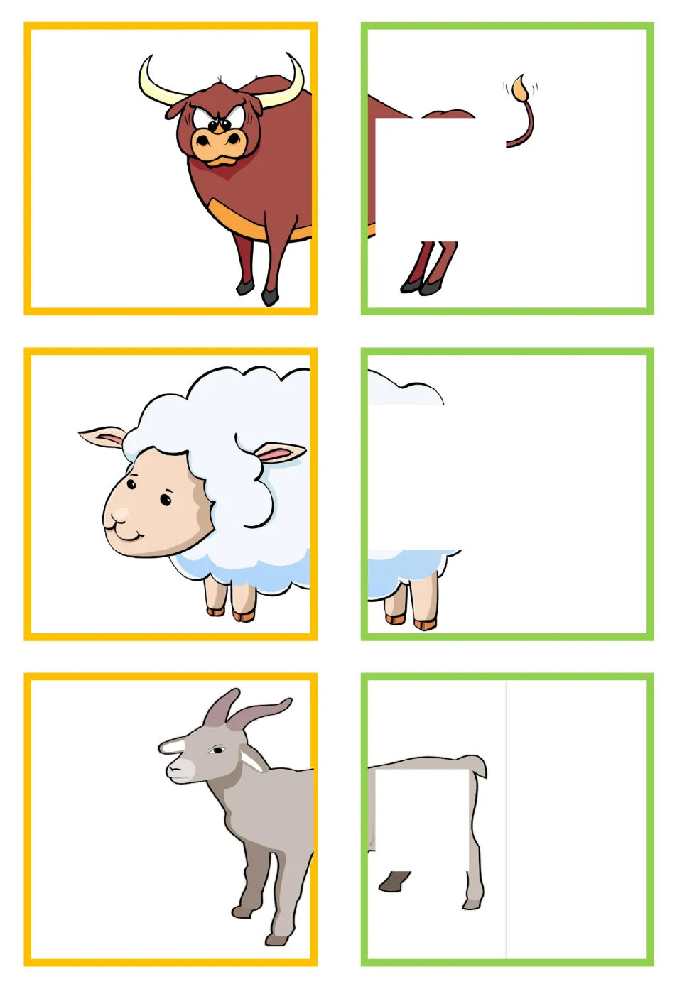 Animal-half matching cards for bull, sheep, and goat, with parts hidden on three cards for visual closure.