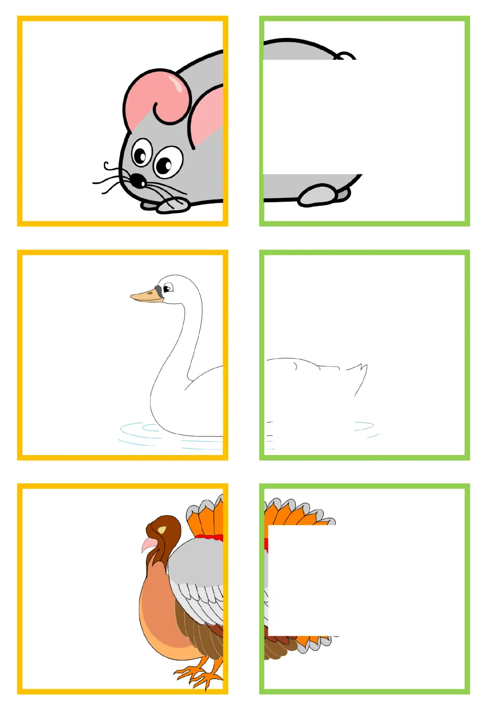 Animal-half matching cards for mouse, goose, and turkey, with partially hidden rear halves to match.