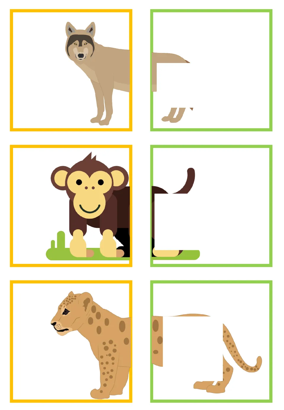 Animal-half matching cards for wolf, monkey, and leopard, with partially hidden rear halves to match.