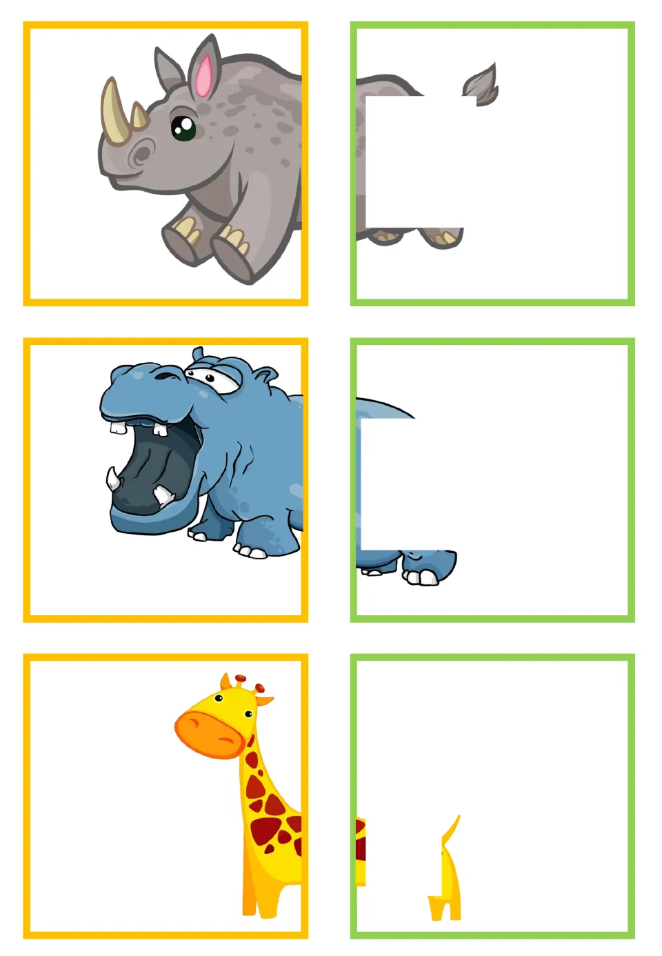 Animal-half matching cards for rhino, hippo, and giraffe, with partially hidden rear halves to match.