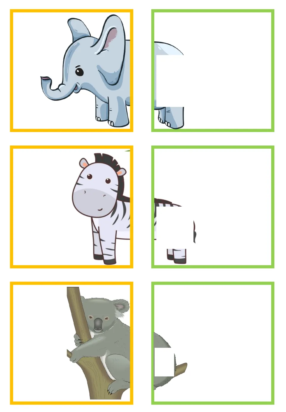 Animal-half matching cards for elephant, zebra, and koala, with partially hidden rear halves to match.