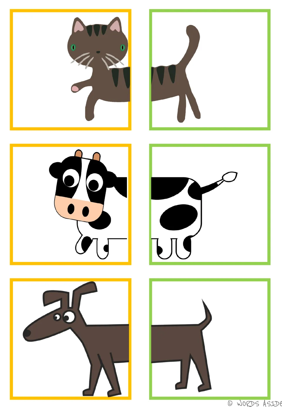 Animal matching half-cards for a cat, cow, and dog, with two pieces per animal to cut out and put together