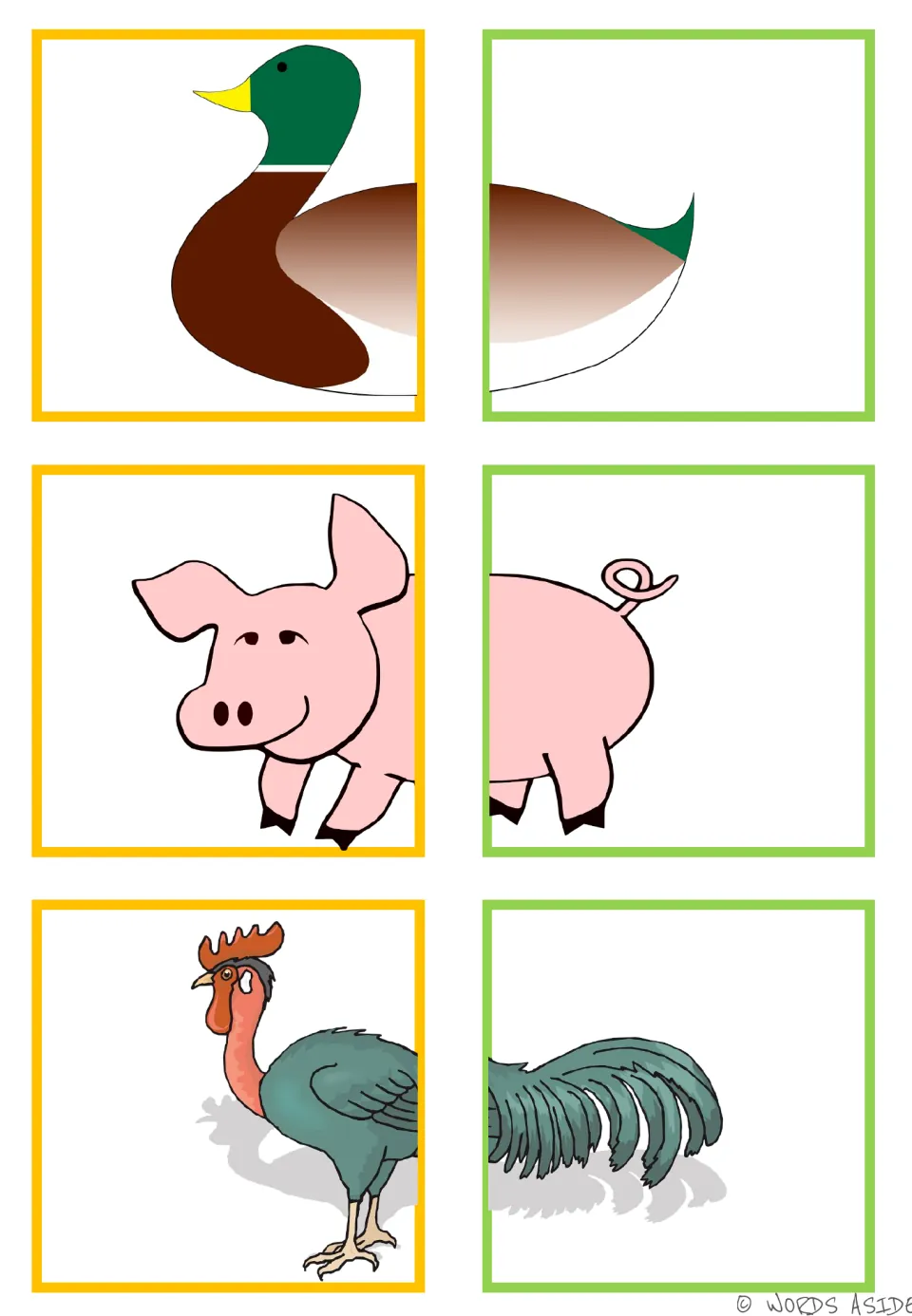 Animal matching half-cards for a duck, pig, and rooster, with two pieces per animal to cut out and match