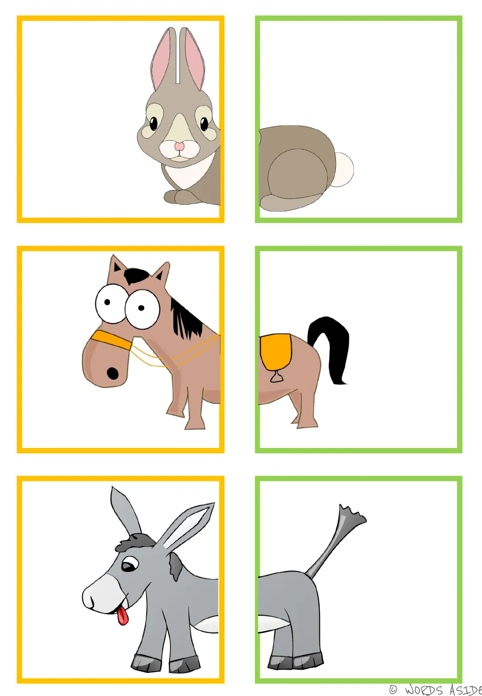 Animal matching half-cards for a rabbit, horse, and donkey, each split into two pieces to put together