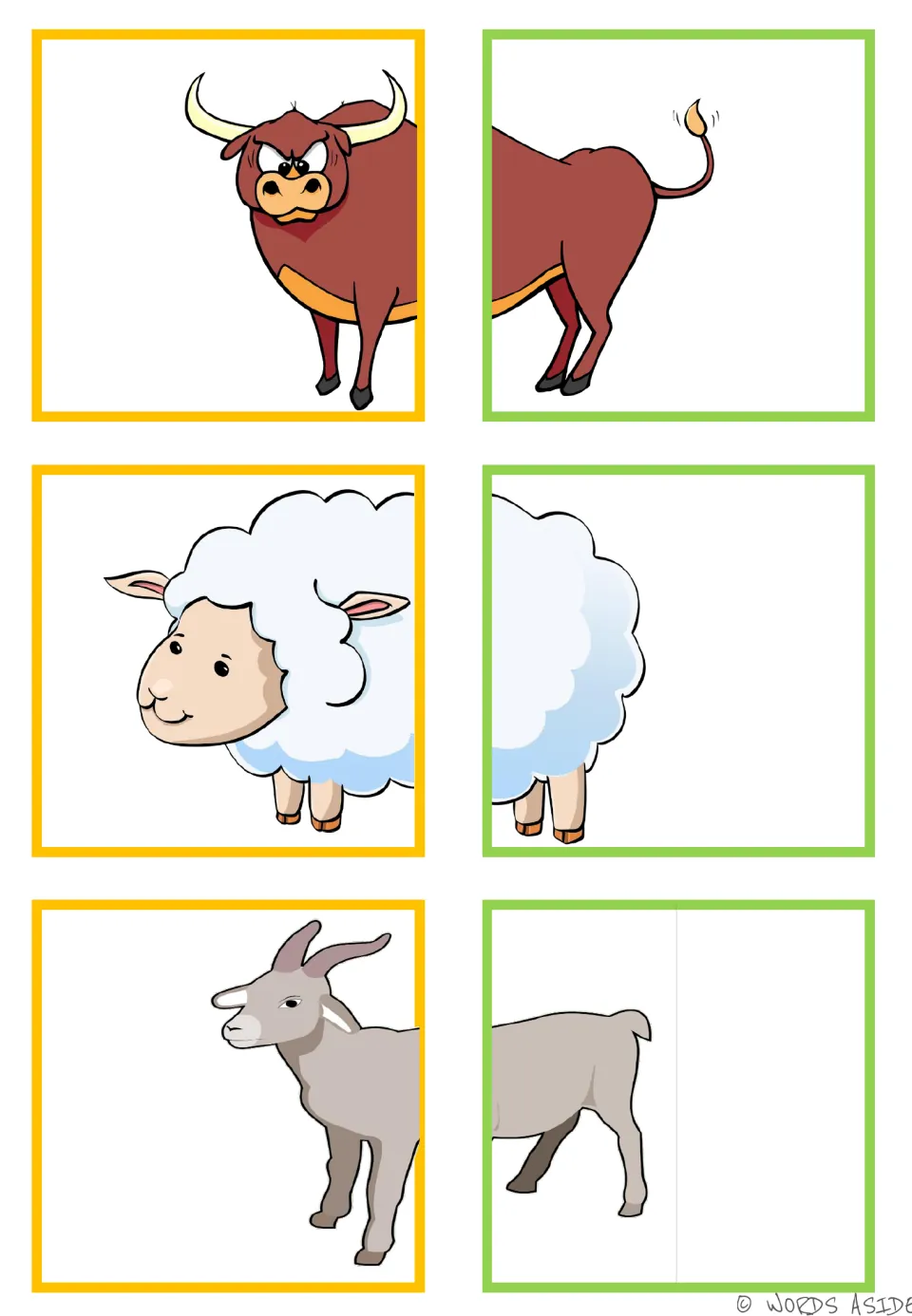 Animal matching half-cards for a bull, sheep, and goat, with two pieces per animal to cut out and match