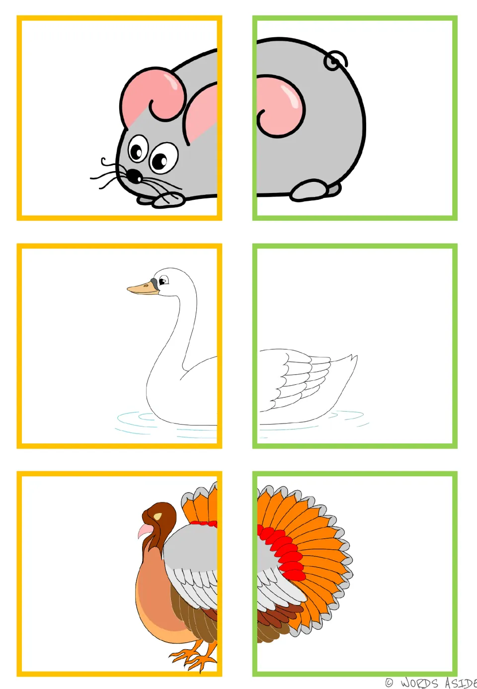Animal matching half-cards for a mouse, swan, and turkey, each split into two pieces to put together