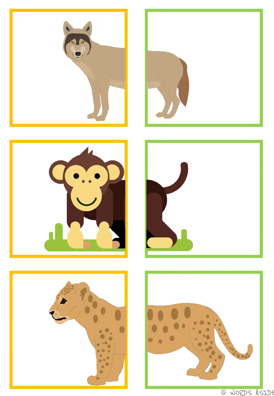 Animal matching half-cards for a wolf, monkey, and spotted big cat, each divided into two matching pieces