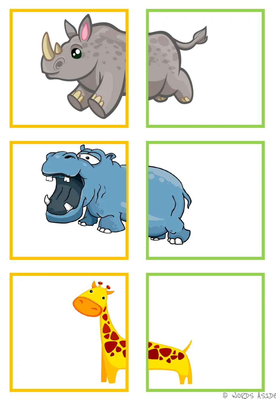 Animal matching half-cards for a rhinoceros, hippopotamus, and giraffe, with two pieces for each animal