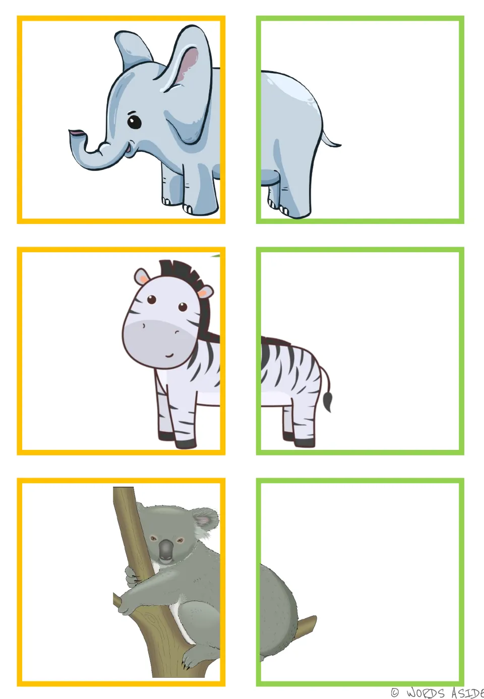 Animal matching half-cards for an elephant, zebra, and koala, each split into two pieces to put together
