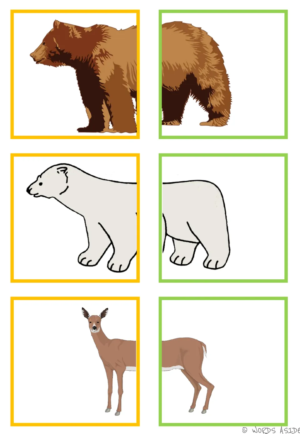 Animal matching half-cards for a brown bear, polar bear, and deer, with two pieces per animal to match